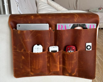 Leather Sofa Armrest Organizer, Handmade Couch & Sofa Caddy with 7 Pockets for Phone, Book, Magazines, Tablet, Remote Controls