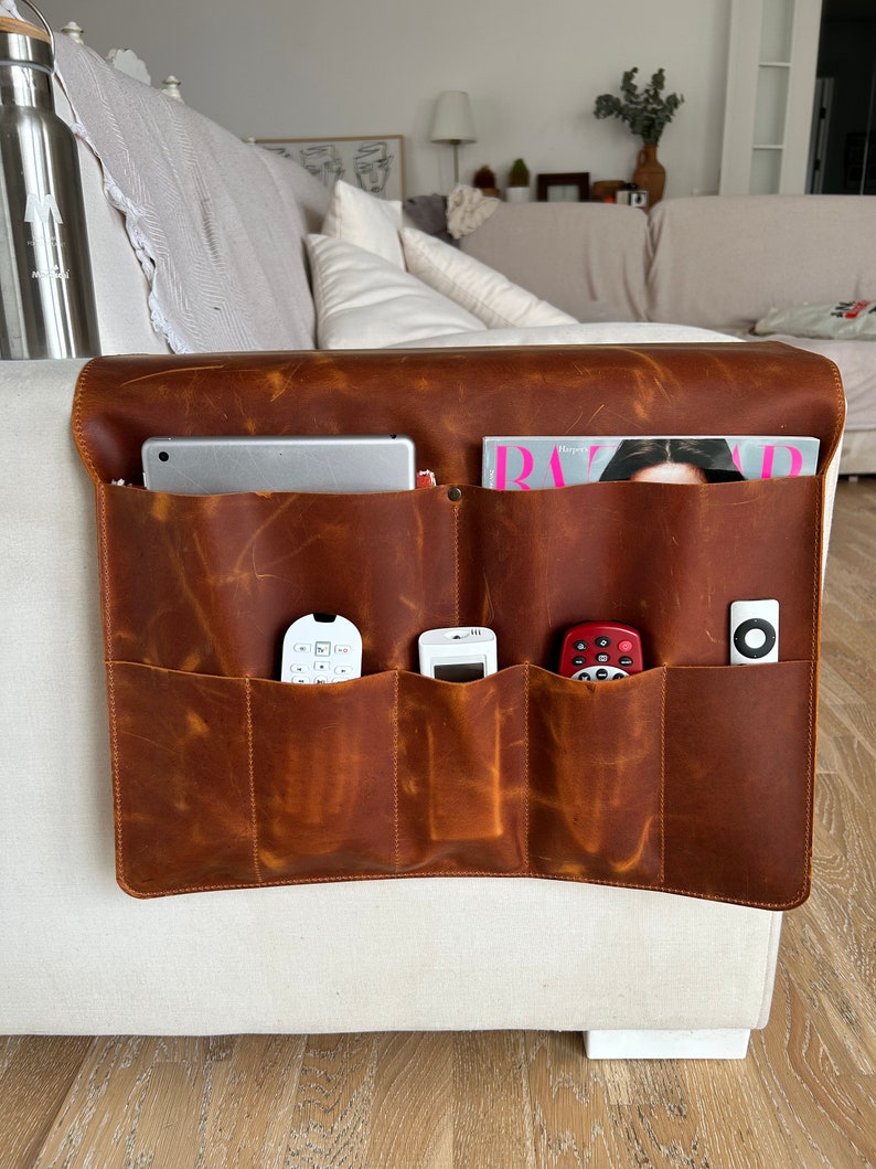 Leather Sofa Armrest Organizer, Handmade Couch & Sofa Caddy with 7 Pockets for Phone, Book, Magazines, Tablet, Remote Controls image 1