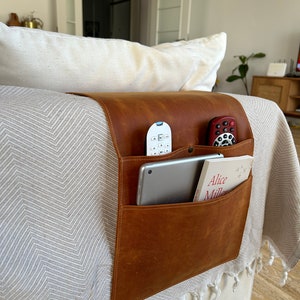 Leather Sofa Armrest Organizer, Handmade Couch & Sofa Caddy with 3 Pockets for Phone, Book, Magazines, Tablet, Remote Controls image 2