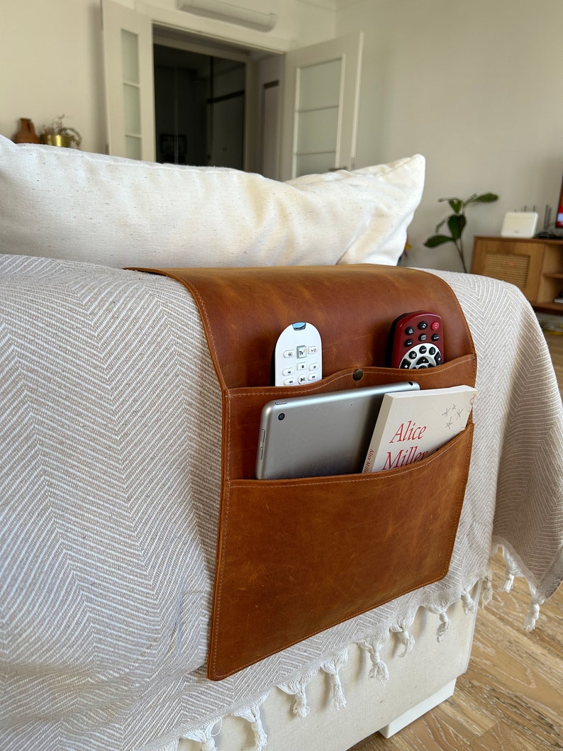 Leather Sofa Armrest Organizer, Handmade Couch & Sofa Caddy with 3 Pockets for Phone, Book, Magazines, Tablet, Remote Controls image 2