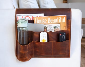 Leather Couch Armrest Organizer, 5-Pocket Caddy with Bottle Holder