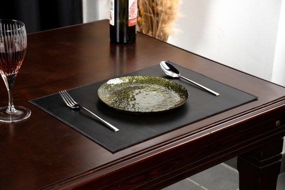 Vegetable Tanned Leather Placemats, Personalized Table Mats, Housewarming Gift, Midnight Black
