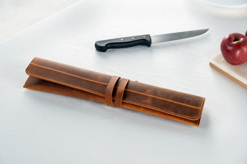 Leather Knife Roll, Handmade Distressed Leather Single Knife Case, Chef