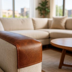 Peut inclure: Gros plan sur un canapé d'angle beige avec un accoudoir en cuir marron. Le canapé est dans un salon bien éclairé avec une table basse ronde en bois et un tapis. L'accoudoir a un bord cousu.
