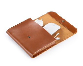 Leather Laptop Charger Organizer, Cable & Mouse Storage Case