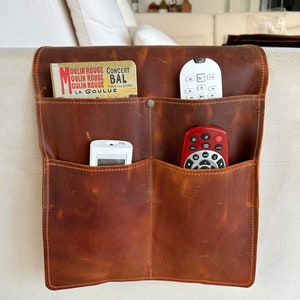 Leather Sofa Armrest Organizer, Handmade Couch & Sofa Caddy with 4 Pockets for Phone, Book, Mini Magazines, Mini Tablets, Remote Controls