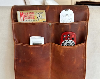 Leather Sofa Armrest Organizer, Handmade Couch & Sofa Caddy with 4 Pockets for Phone, Book, Mini Magazines, Mini Tablets, Remote Controls