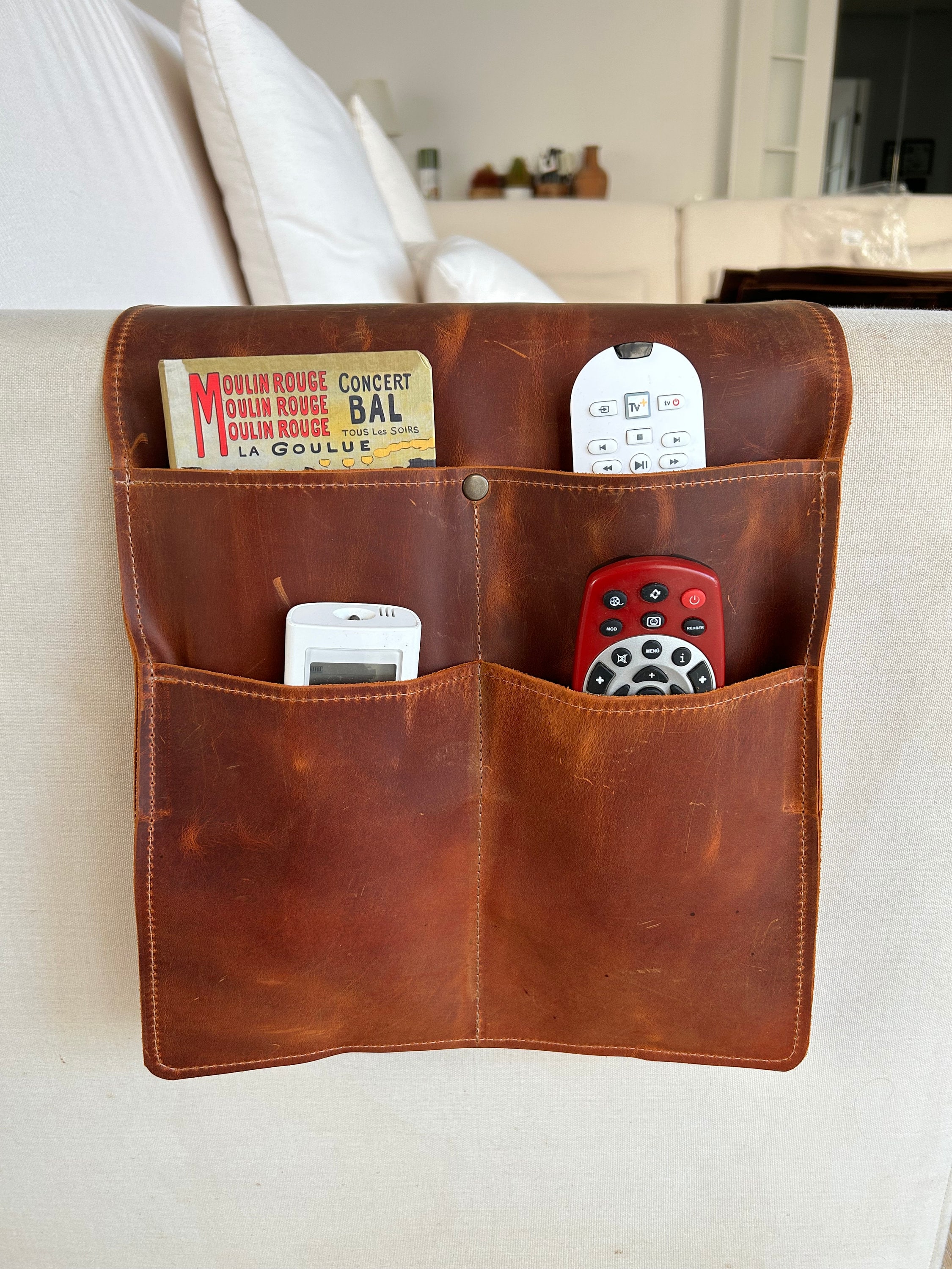 Handmade Leather Sofa Armrest Organizer: Couch Caddy with Pockets