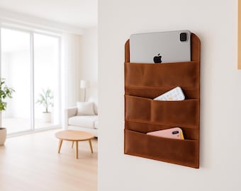 Leather Wall Organizer, 4-Pocket Full Grain Hanging Storage, Custom