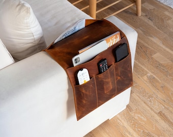 Handmade Leather Sofa Armrest Organizer: Couch Caddy with Pockets