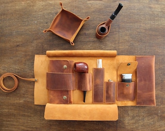 Leather Pipe Pouch for 1-Pipe, Handmade 1-Pipe Rollup Bag, Single-Pipe Rollup Pouch, Camel