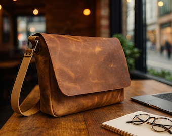 Distressed Leather Messenger Bag: Handmade Personalized Laptop Briefcase