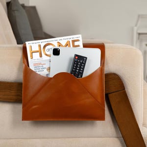 Leather Sofa Storage Organizer, Handmade Couch&Sofa Armrest Caddy for Phone, Book, Magazines, Tablet, Remote Controls, Bedside Organizer
