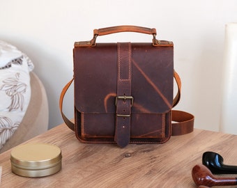 Leather 4-Pipe Messenger Bag, Handmade Shoulder Pipe Tobacco Bag, Crossbody Bag for 4-Pipes