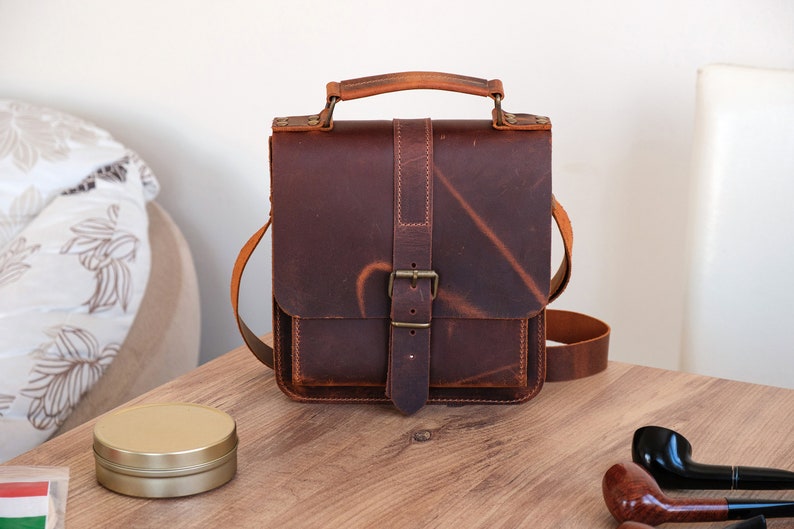 Leather 4-Pipe Messenger Bag, Handmade Shoulder Pipe Tobacco Bag, Crossbody Bag for 4-Pipes image 1