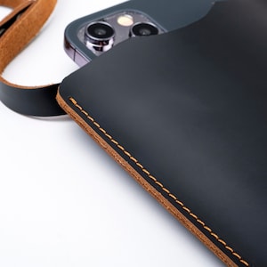 Personalized Black Leather iPhone Pro Max Sleeve, Fits iPhone 14/15/16/17