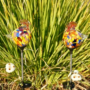Set of 2 handmade art glass LED Solar path garden lights Garden Stake Sun Catcher Statue Figurine-Rooster Sun Catcher-Red/Multi