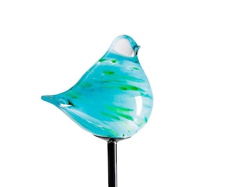 Lot de 2 éclairages de jardin LED en verre faits main pour allée solaire - Figurine oiseau attrape-soleil sur pieu - Bleu + blanc