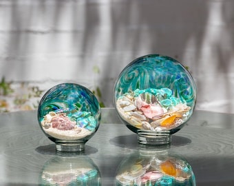 Free US Shipping~ 7" Lake Green Sea Globe Handblown Art Glass Decor Holiday Gift with natural sea shell and sand