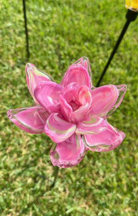 Set of 2 Large Handcrafted Art Glass Flower Stake/bee Drinking