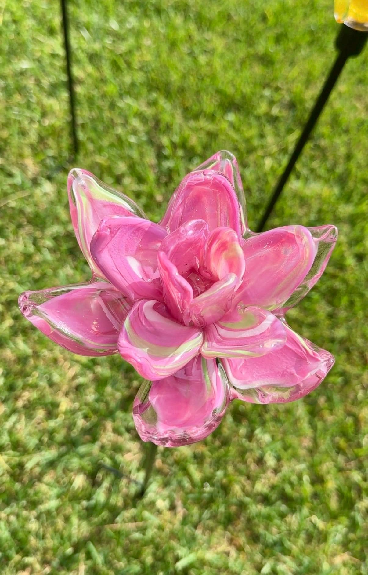 Set of 2 Large Handcrafted Art Glass Flower Stake/bee Drinking