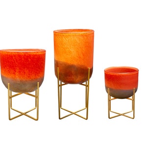 Mid-Century Style Art Glass Planters on Metal Stand, Desert Gold - 3 size available