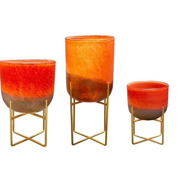 Mid-Century Style Art Glass Planters on Metal Stand, Desert Gold - 3 size available