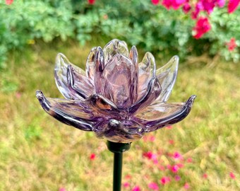 Set of 2 Large Handcrafted Art Glass Flower Stake/bee Drinking