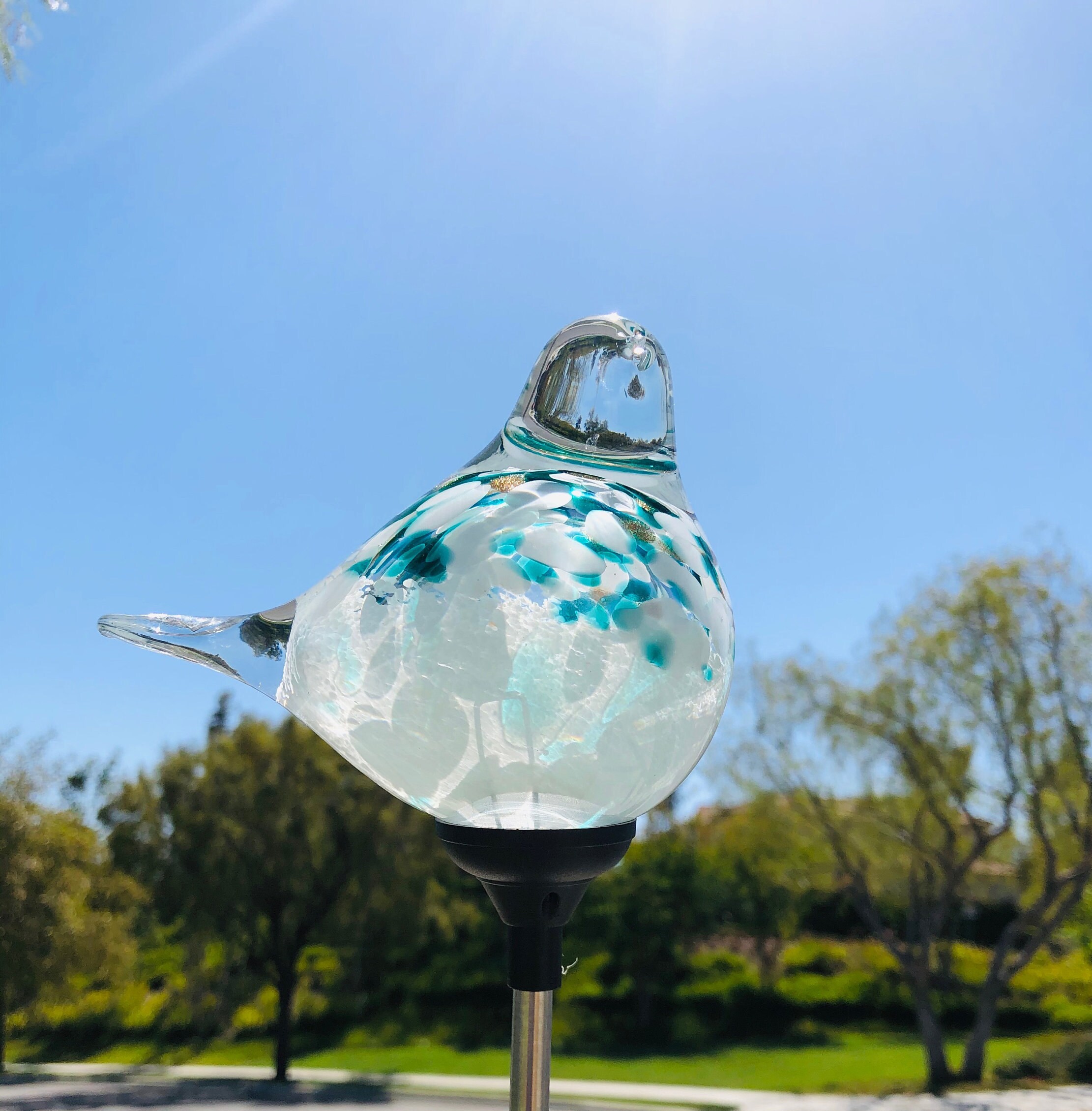 Set of 2 Handmade Art Glass LED Solar path garden lights Bird Sun