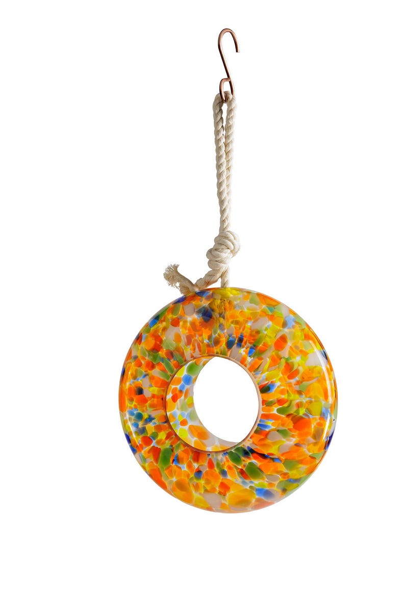 Handmade Art Glass Bird Feeder 8.7" Sun Catcher Orange