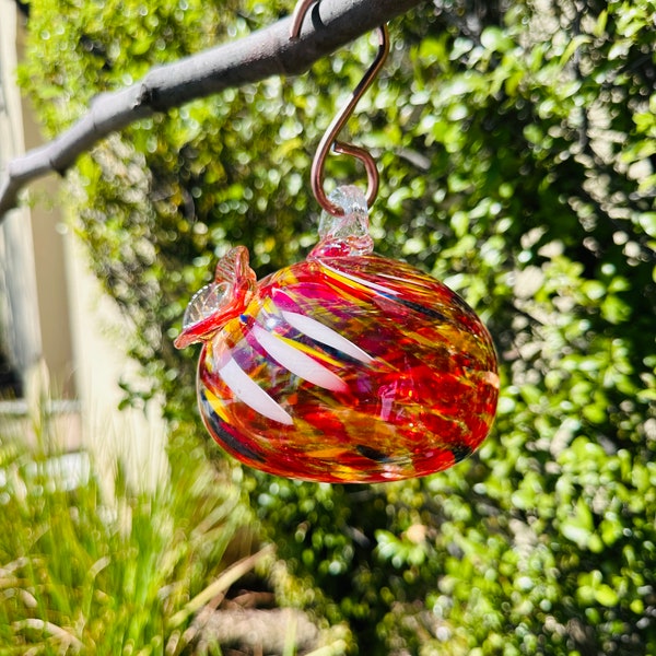 Handblown Art Glass Hummingbird Feeder: Brass Hook, Durable Design