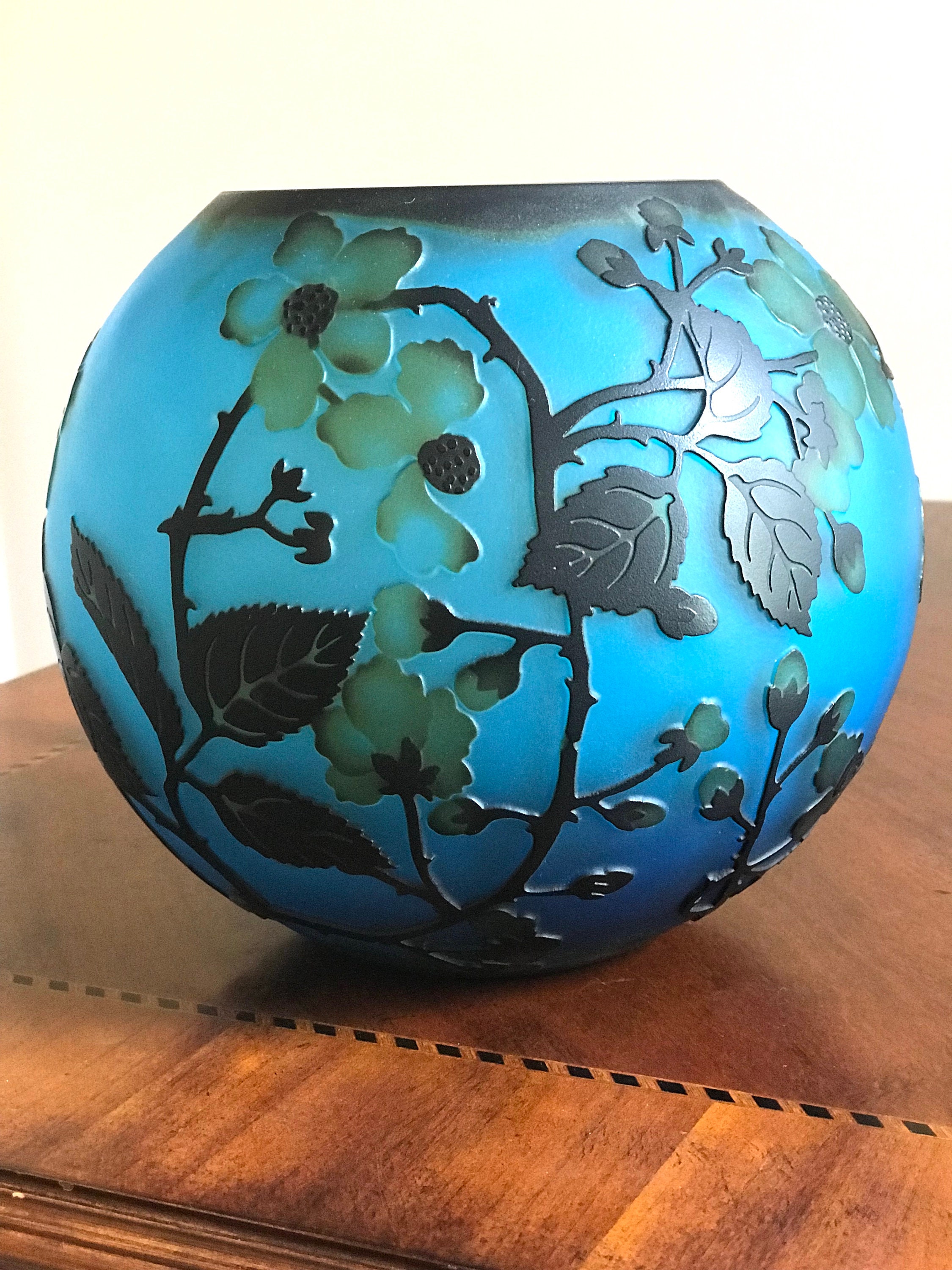 エミールガレ カメオ彫り 茶器 茶碗 ガラス 置物 花柄 朝顔 工芸品 青