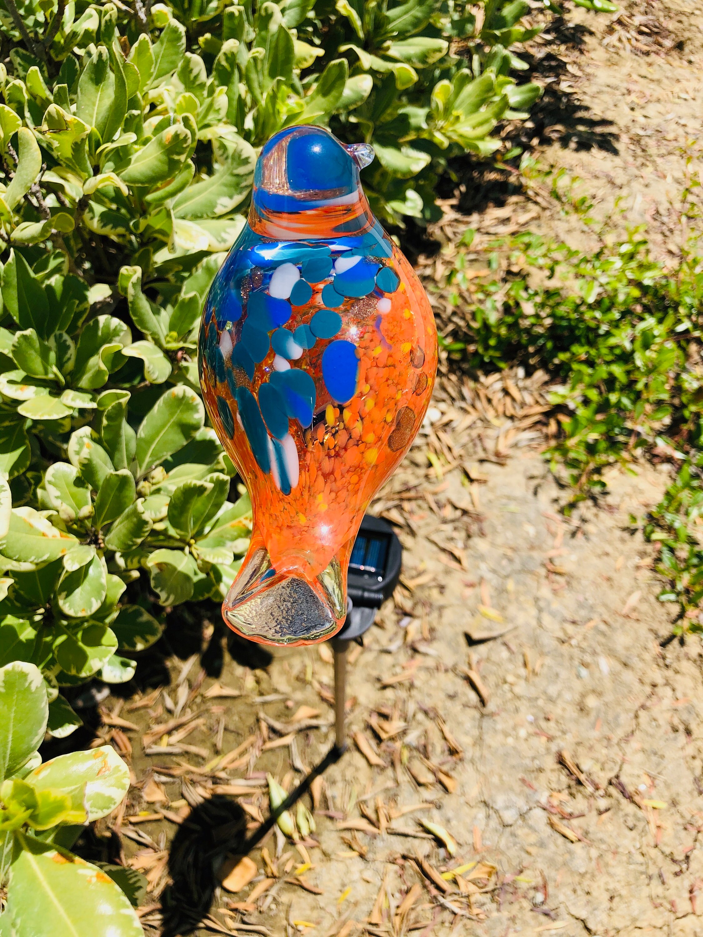 Set of 2 Handmade Art Glass LED Solar path garden lights - Bird Sun