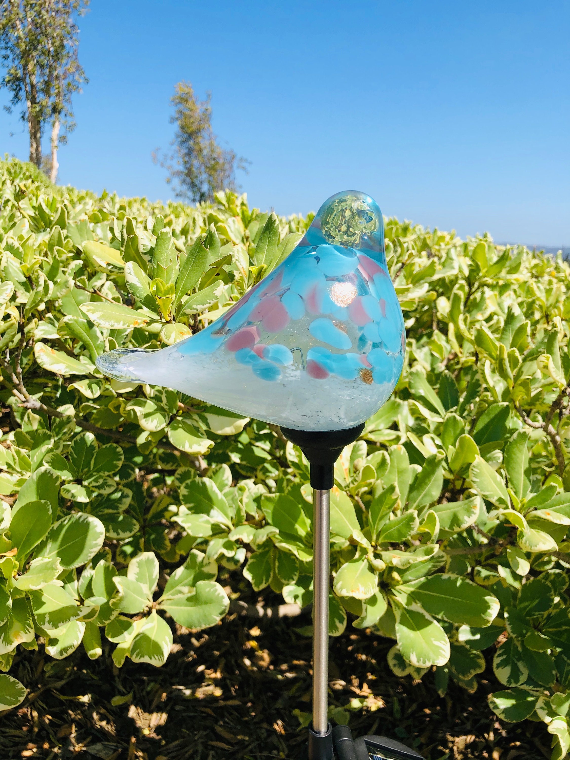 Set of 2 Handmade Art Glass LED Solar path garden lights - Bird Sun