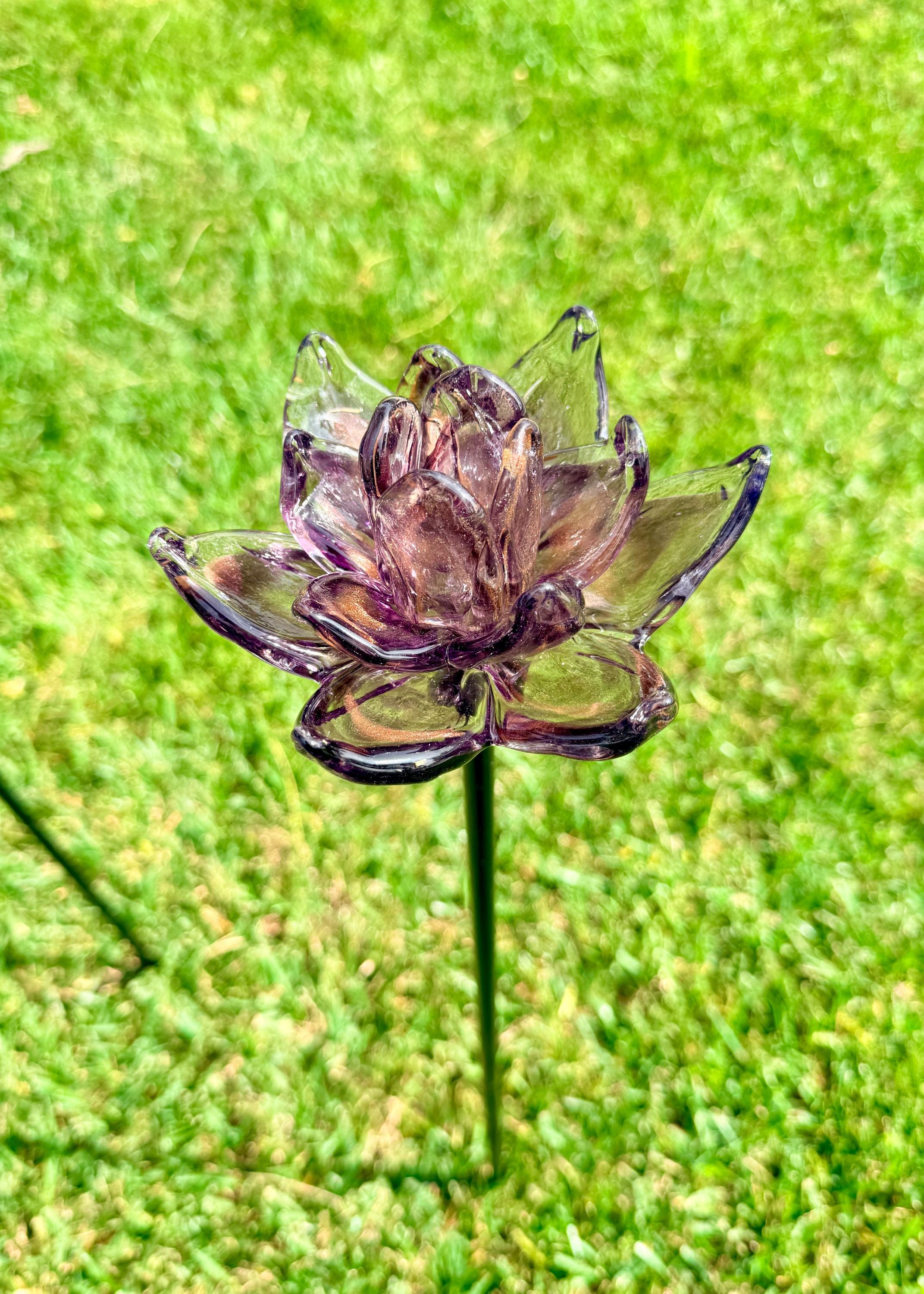 Set of 2 Large Handcrafted Art Glass Flower Stake/bee Drinking