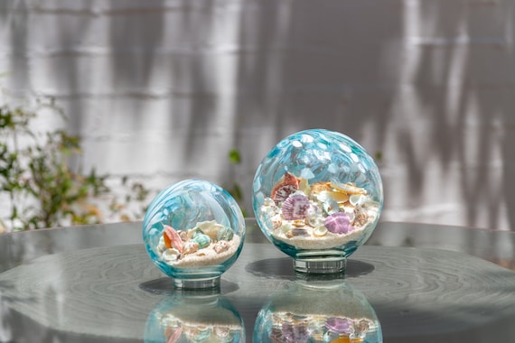 Hand Blown Art Glass Sea Globe: Caribbean Blue Shell & Sand Decor