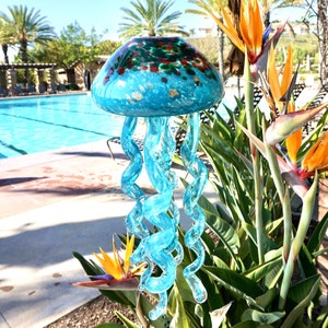 Free Shipping Handmade Art Glass Teal Jellyfish Hanging Decor Sun Catcher Wind Chimes