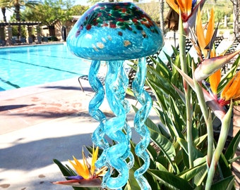 Free Shipping Handmade Art Glass Teal Jellyfish Hanging Decor Sun Catcher Wind Chimes