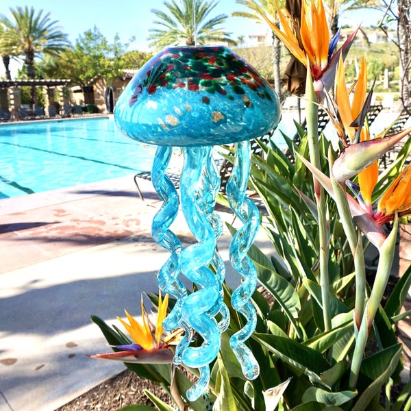 Handmade Art Glass Teal Jellyfish Wind Chime: Hanging Decor