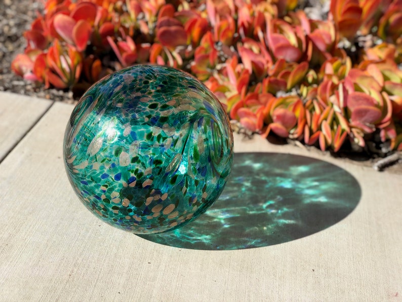 Hand Blown Art Glass Solar Gaze Ball, Green & Gold Glitter image 1