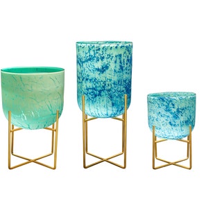 Mid-Century Style Art Glass Planters on Metal Stand, Lake Green - 3 size available