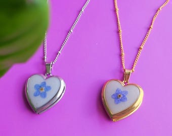 Photo Heart Locket Forget-Me-Not Flower Necklace, Botanical Jewellery, Nature lovers, Plant Lady Gift