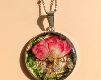 Rose Resin Necklace: Moss Plant Pendant, Handmade in Ireland