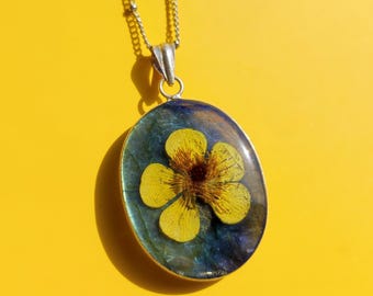 Buttercup flower preserved in resin on Labradorite. One of a kind Labradorite Botanical Keepsake Necklace