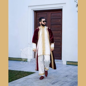 Luxury Moroccan Men&#39;s Jabador – RED Embroidered 3 piece Traditional Outfit with Babouche Slippers  Ideal for Weddings & Special