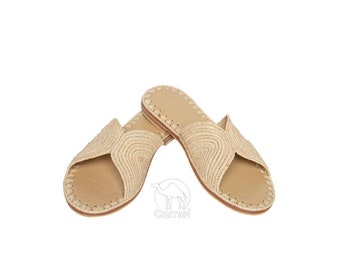 Sandales marocaines en raphia maroc, raphia en cuir naturel et peau de mouton, chaussons faits main, mules d&#39;été naturelles, appartements en raphia babouch marocain