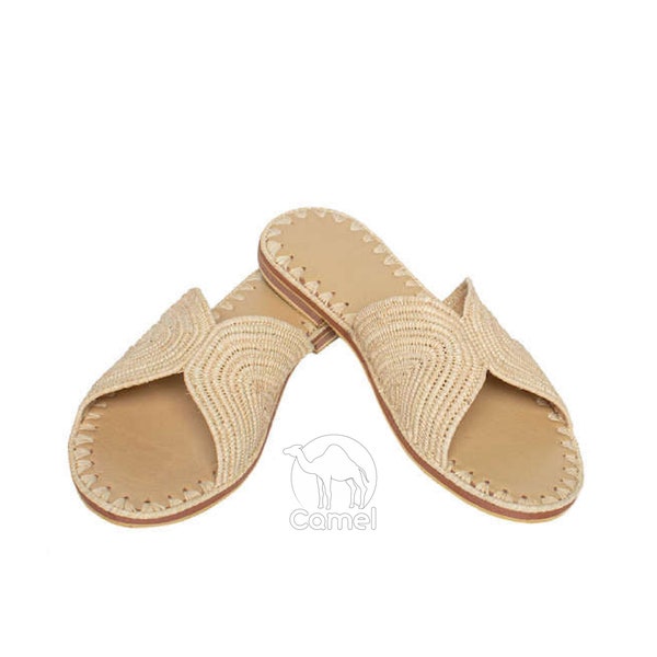 Moroccan Raffia Sandals morocco, Naturel leather sheepskin  raffia, handmade slippers, natural summer mules, raphia flats Moroccan babouch