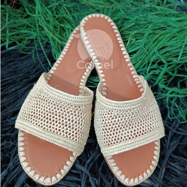 Best Quality Raffia Sandals morocco, Naturel leather sheepskin  raffia, handmade slippers, natural summer mules, raphia flats  babouch