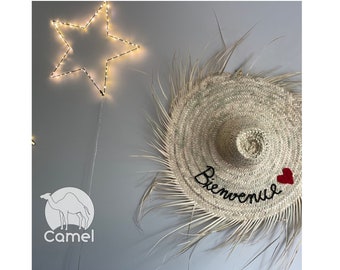 Straw hat wall decoration made of natural fiber Traditional Moroccan hat boho ethnic, Written phrase of the customer's choice