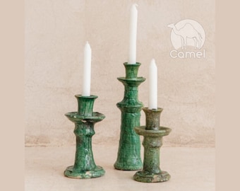 Set of 3 Tamegroute Candle Holder - Moroccan Garden - Elephant Leg - Sahara Vintage Green Moroccan Candle Holder, Handmade Ceramic Serving
